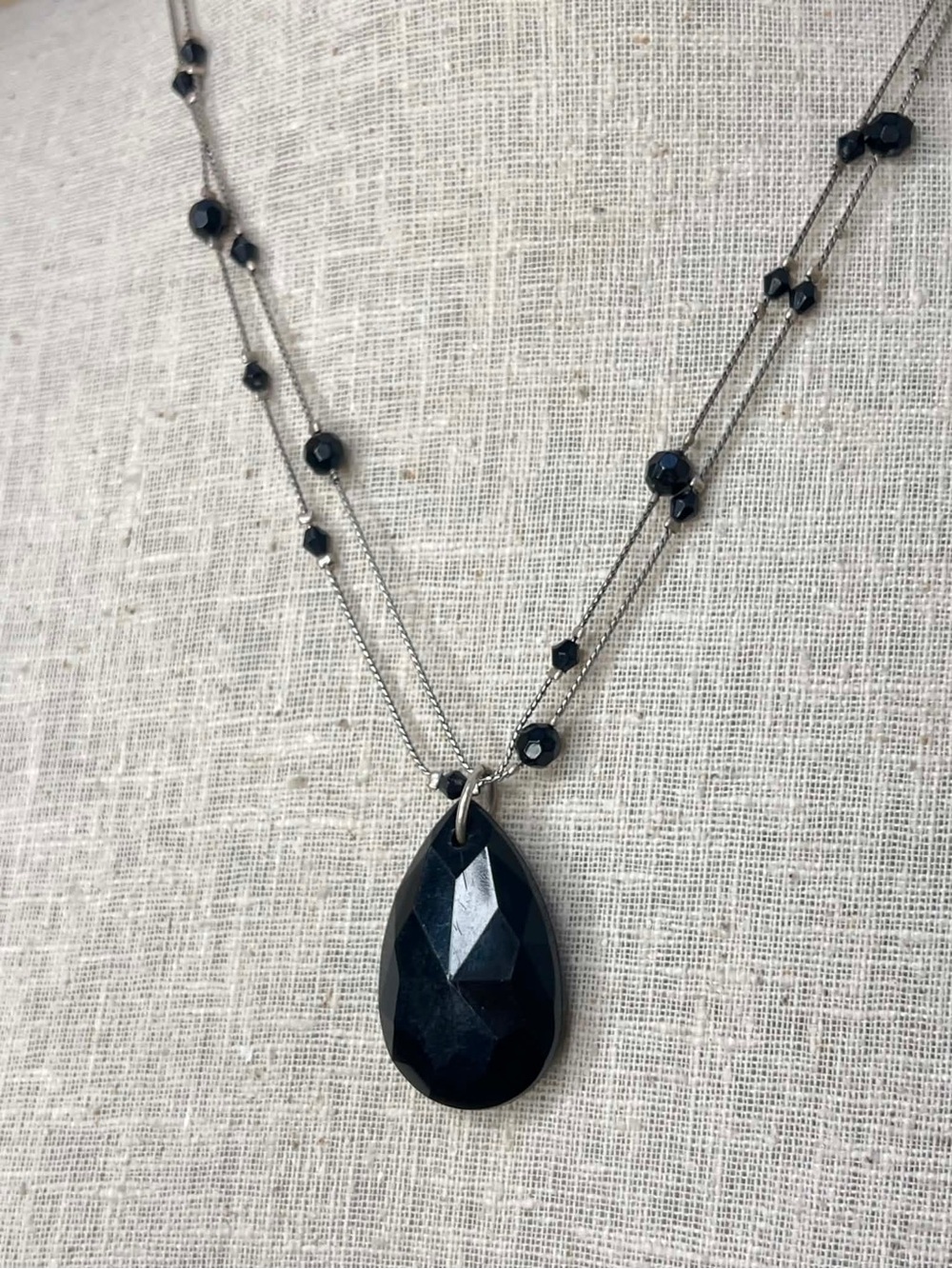 Vintage Inspired Black Onyx Glass Teardrop Pendant Double Strand Necklace